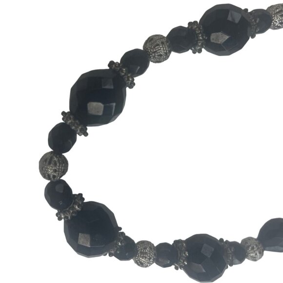 Beaded Necklace With Black Faceted Beads & Silver Accents 18" - Picture 3 of 4